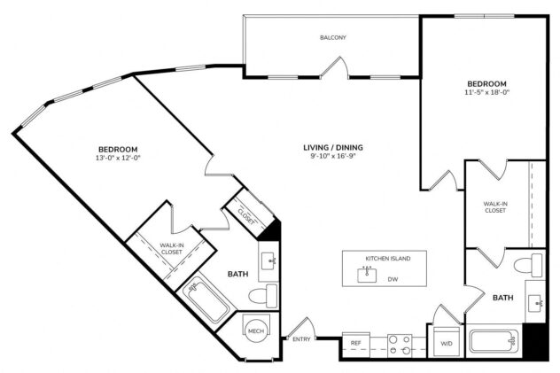 Rendering of the University floor plan with 2 bedroom[s] and 2 bathroom[s] at Windsor at Broadway Station