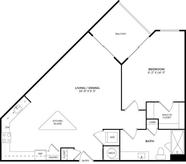 Rendering of the A1 floor plan with 1 bedroom[s] and 1 bathroom[s] at Windsor at Pembroke Gardens