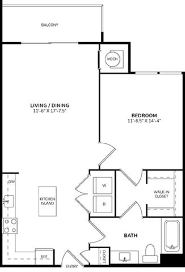 Rendering of the A1 floor plan with 1 bedroom[s] and 1 bathroom[s] at Morningside Atlanta by Windsor