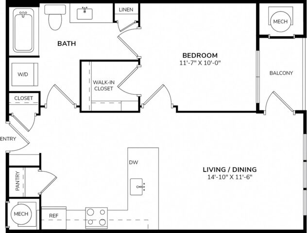 Rendering of the A1 floor plan with 1 bedroom[s] and 1 bathroom[s] at Windsor at Pinehurst