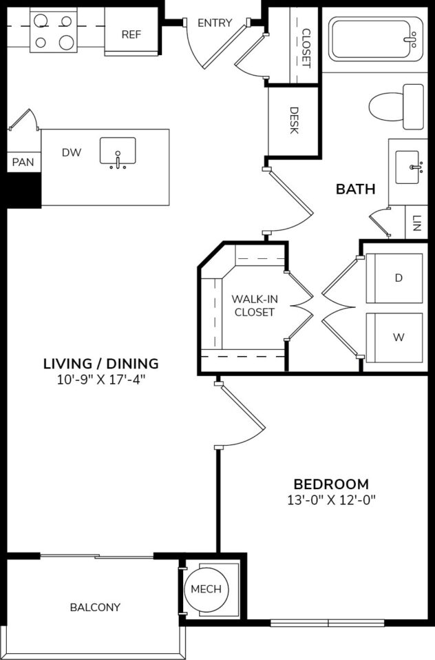 Rendering of the A1 floor plan with 1 bedroom[s] and 1 bathroom[s] at Windsor Oak Hill