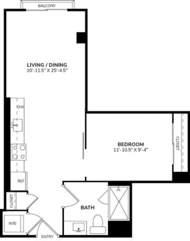 Rendering of the A1 floor plan with 1 bedroom[s] and 1 bathroom[s] at The Marston by Windsor