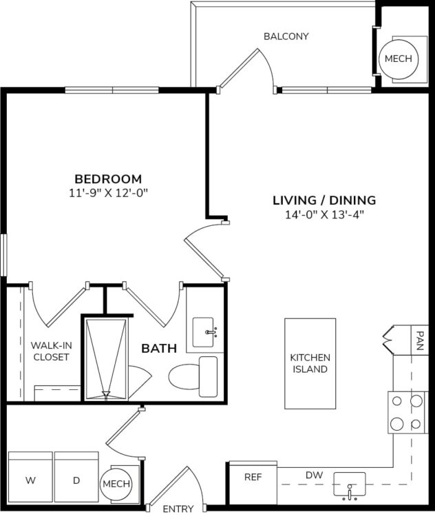 Rendering of the A1 floor plan with 1 bedroom[s] and 1 bathroom[s] at Windsor Republic Place