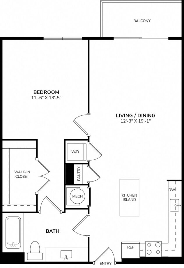 Rendering of the A1 floor plan with 1 bedroom[s] and 1 bathroom[s] at Allure by Windsor