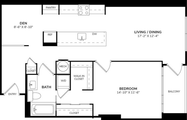 Rendering of the A10 floor plan with 1 bedroom[s] and 1 bathroom[s] at The Martin