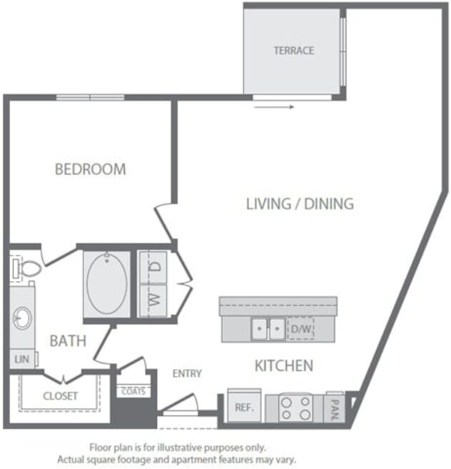 Rendering of the A11 floor plan with 1 bedroom[s] and 1 bathroom[s] at Windsor South Lamar