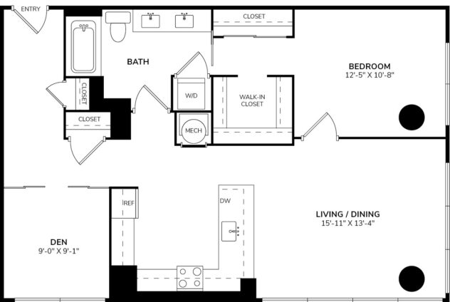 Rendering of the A14 floor plan with 1 bedroom[s] and 1 bathroom[s] at The Martin