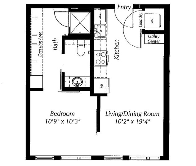 Rendering of the A1V-545 floor plan with 1 bedroom[s] and 1 bathroom[s] at Windsor Ballard