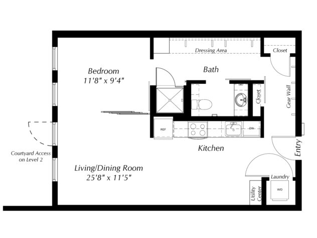 Rendering of the A1V-688 floor plan with 1 bedroom[s] and 1 bathroom[s] at Windsor Ballard