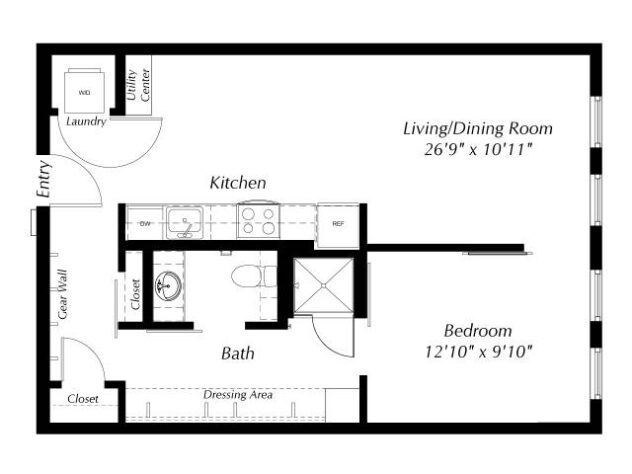 Rendering of the A1V-715-1 floor plan with 1 bedroom[s] and 1 bathroom[s] at Windsor Ballard