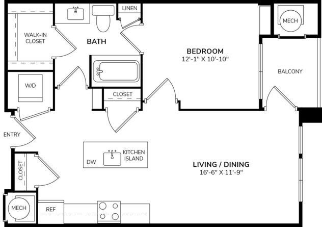 Rendering of the A2 floor plan with 1 bedroom[s] and 1 bathroom[s] at Windsor at Pinehurst