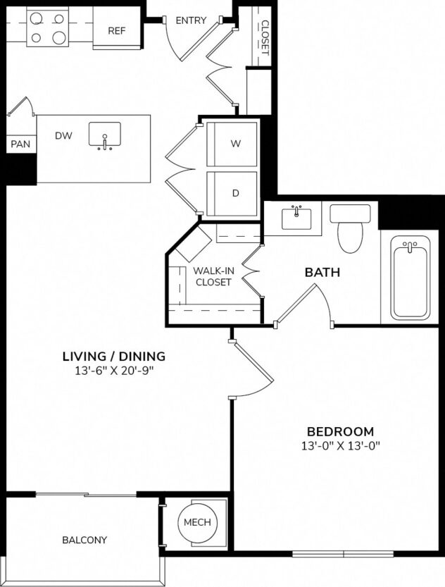 Rendering of the A2 floor plan with 1 bedroom[s] and 1 bathroom[s] at Windsor Oak Hill