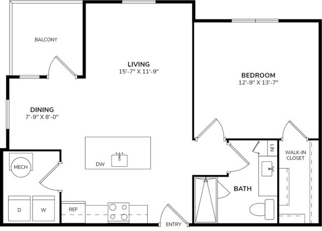 Rendering of the A2 floor plan with 1 bedroom[s] and 1 bathroom[s] at Windsor Republic Place