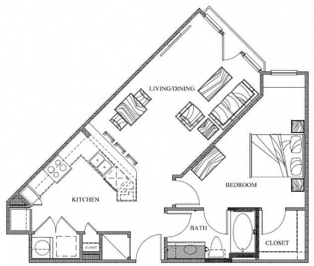 Rendering of the A2 floor plan with 1 bedroom[s] and 1 bathroom[s] at Eleven by Windsor