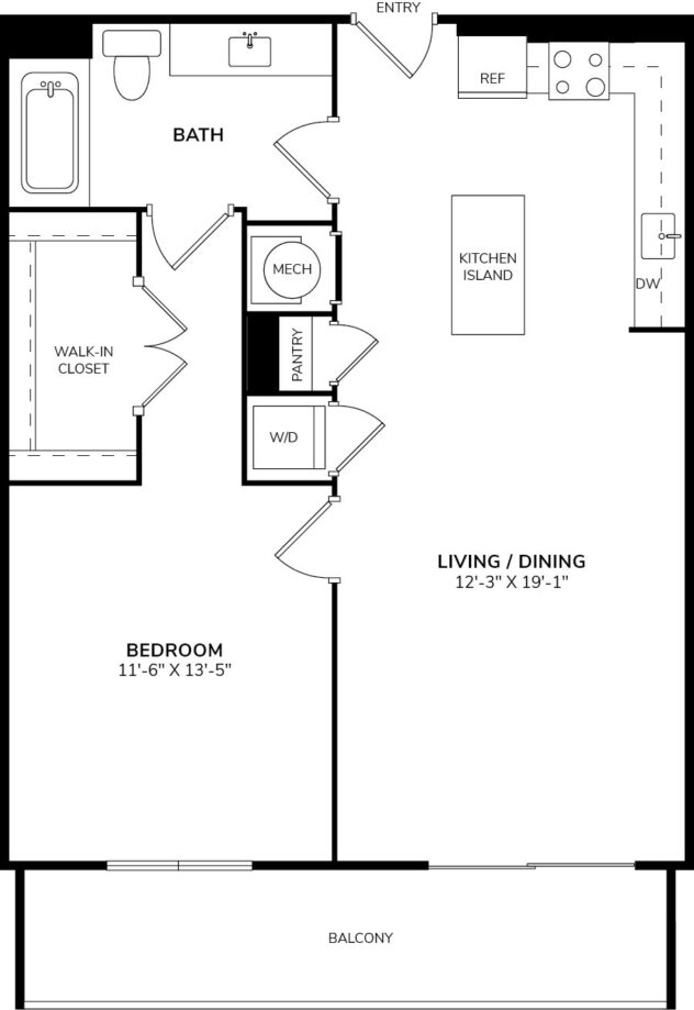 Rendering of the A2 floor plan with 1 bedroom[s] and 1 bathroom[s] at Allure by Windsor