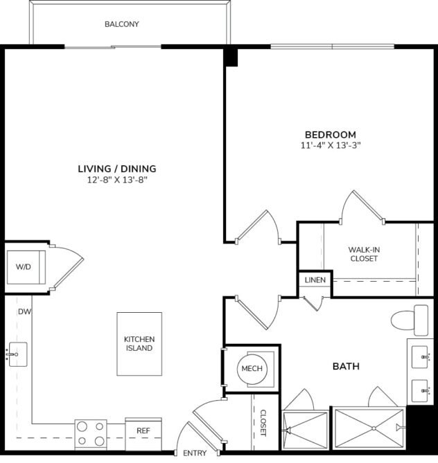 Rendering of the A3 floor plan with 1 bedroom[s] and 1 bathroom[s] at Windsor at Pembroke Gardens