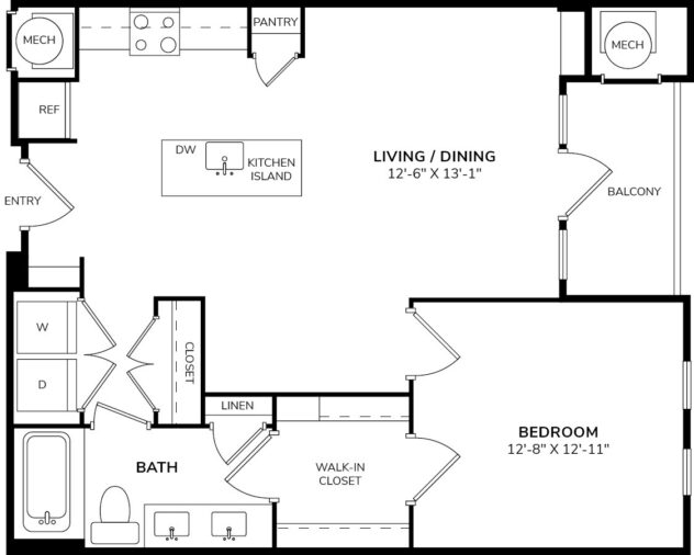 Rendering of the A3 floor plan with 1 bedroom[s] and 1 bathroom[s] at Windsor at Pinehurst