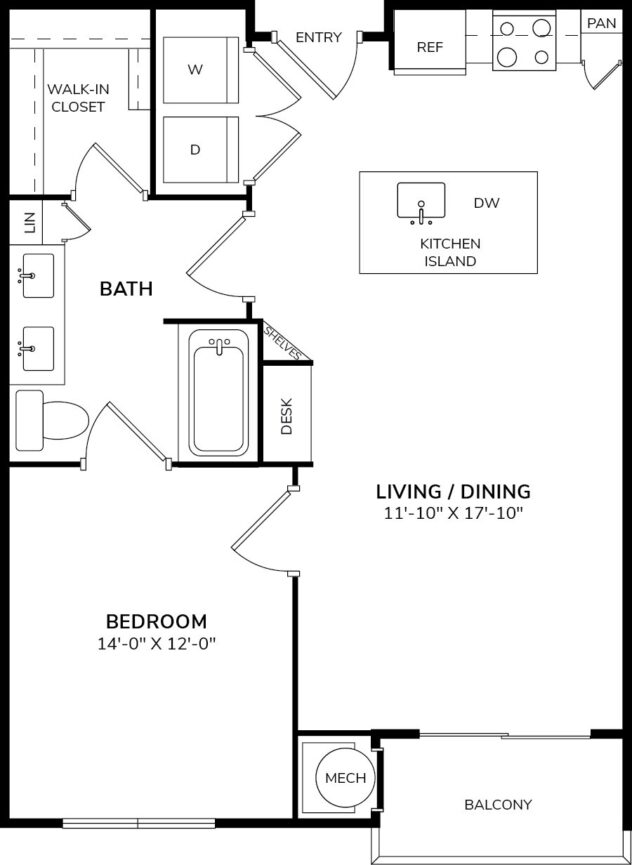 Rendering of the A3 floor plan with 1 bedroom[s] and 1 bathroom[s] at Windsor Oak Hill