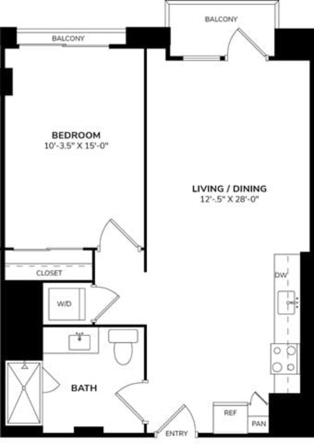 Rendering of the A3 floor plan with 1 bedroom[s] and 1 bathroom[s] at The Marston by Windsor