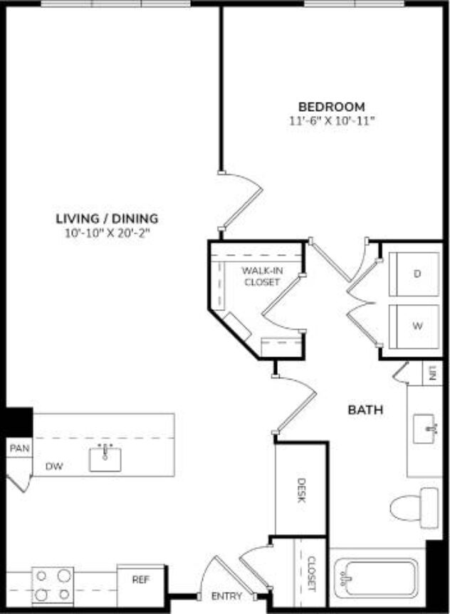 Rendering of the A3 floor plan with 1 bedroom[s] and 1 bathroom[s] at Windsor South Lamar