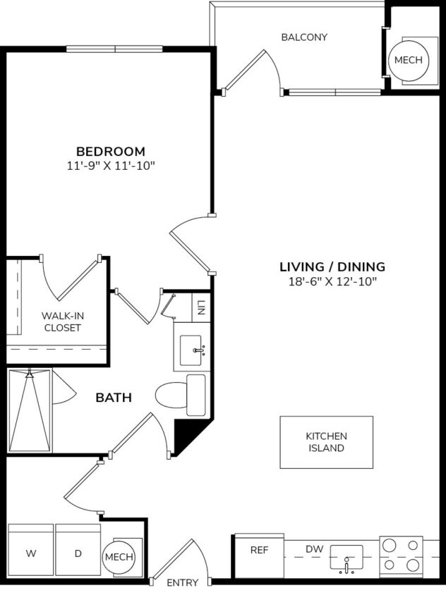 Rendering of the A3 floor plan with 1 bedroom[s] and 1 bathroom[s] at Windsor Republic Place