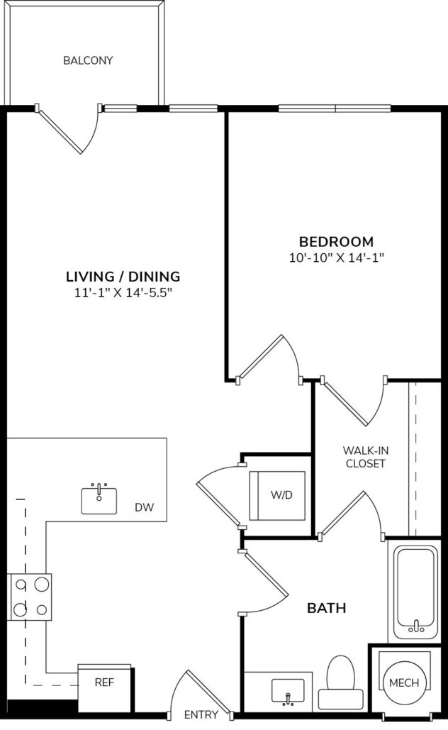 Rendering of the A4 floor plan with 1 bedroom[s] and 1 bathroom[s] at The Casey