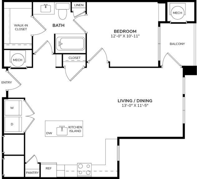 Rendering of the A4 floor plan with 1 bedroom[s] and 1 bathroom[s] at Windsor at Pinehurst