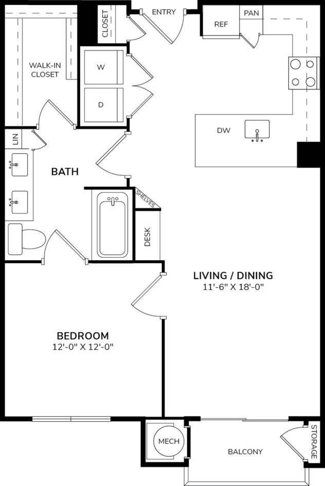 Rendering of the A4 floor plan with 1 bedroom[s] and 1 bathroom[s] at Windsor Oak Hill