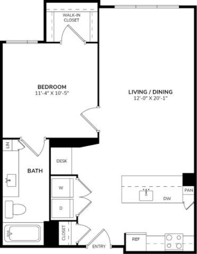 Rendering of the A4 floor plan with 1 bedroom[s] and 1 bathroom[s] at Windsor South Lamar