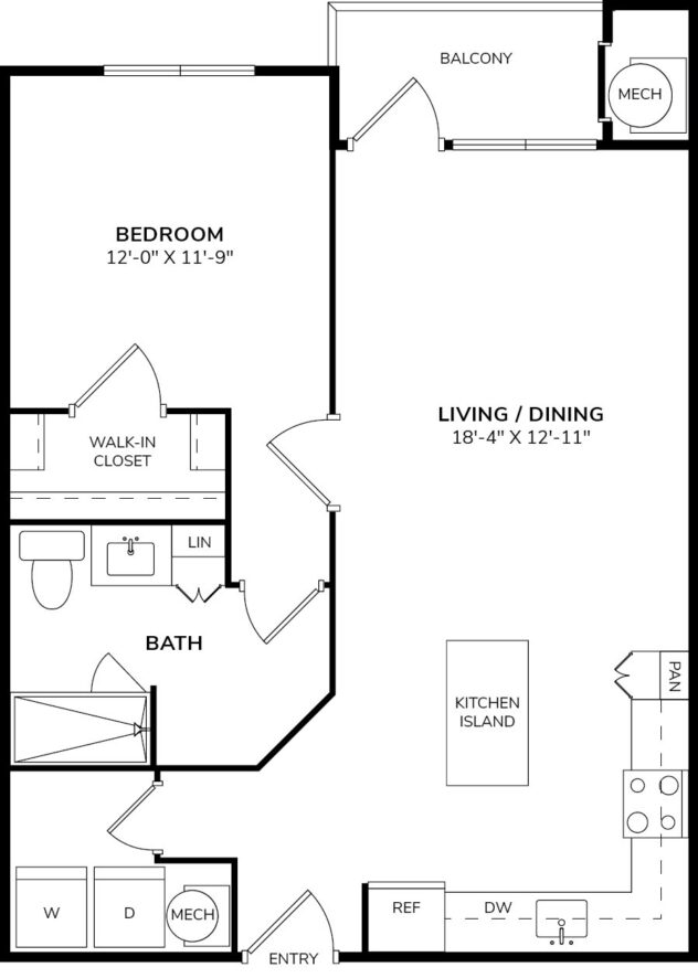 Rendering of the A4 floor plan with 1 bedroom[s] and 1 bathroom[s] at Windsor Republic Place