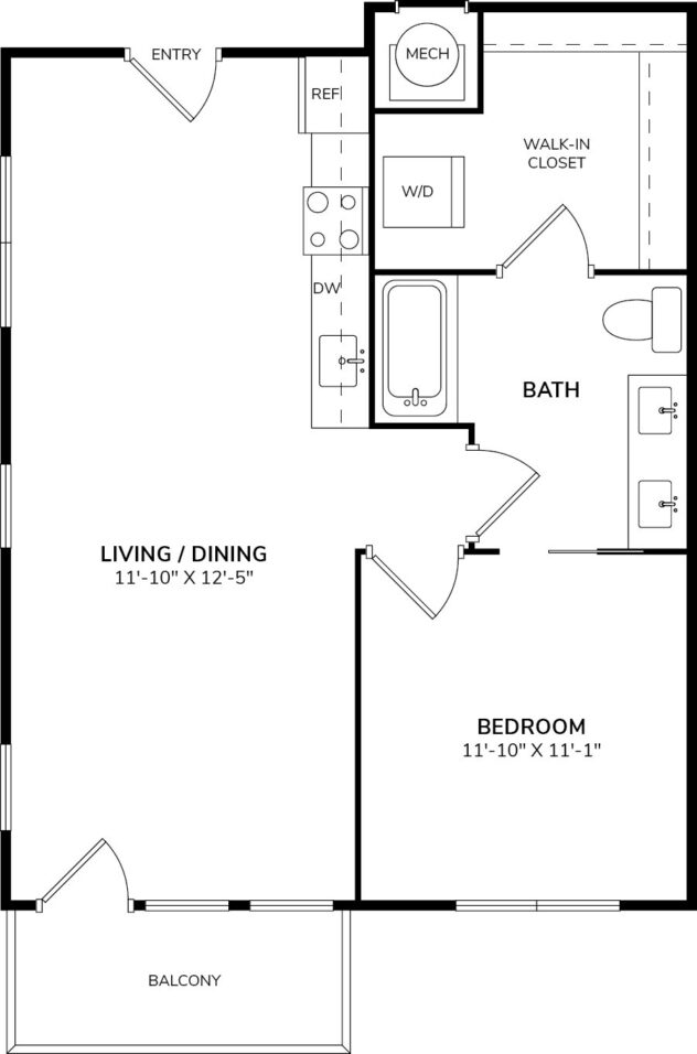 Rendering of the A5.2 floor plan with 1 bedroom[s] and 1 bathroom[s] at The Casey