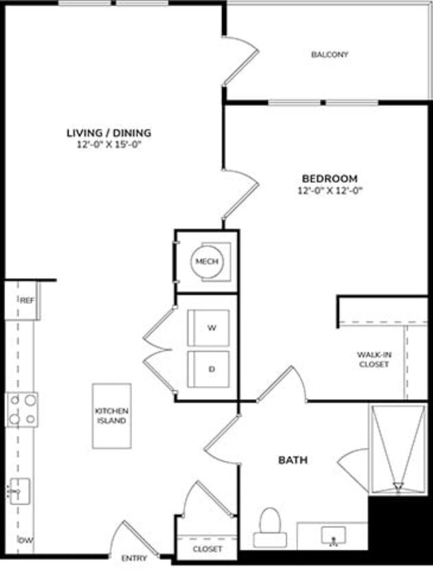 Rendering of the A5 floor plan with 1 bedroom[s] and 1 bathroom[s] at Morningside Atlanta by Windsor