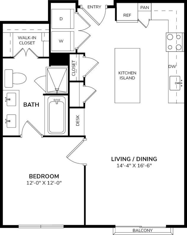 Rendering of the A5 floor plan with 1 bedroom[s] and 1 bathroom[s] at Windsor Oak Hill