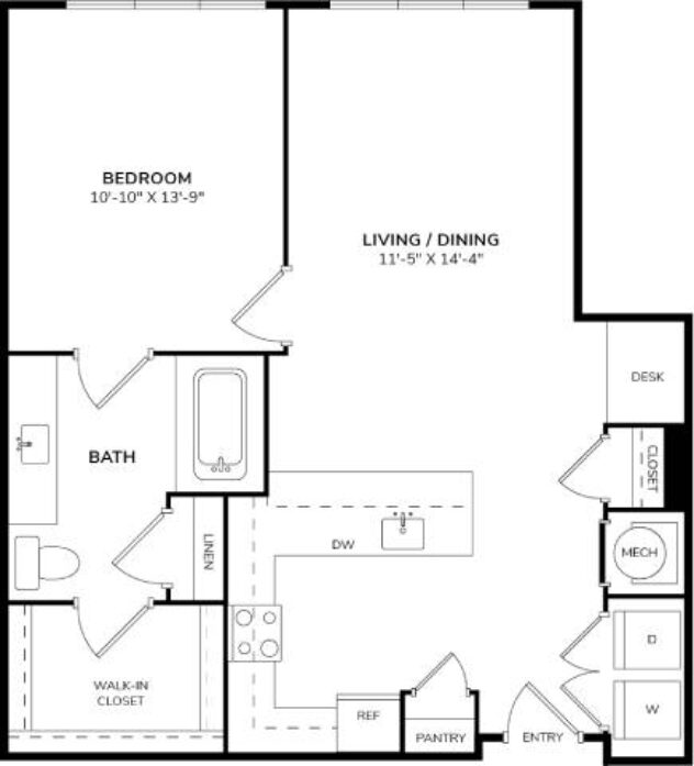 Rendering of the A5 floor plan with 1 bedroom[s] and 1 bathroom[s] at Windsor South Lamar