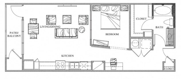 Rendering of the A6 floor plan with 1 bedroom[s] and 1 bathroom[s] at Eleven by Windsor