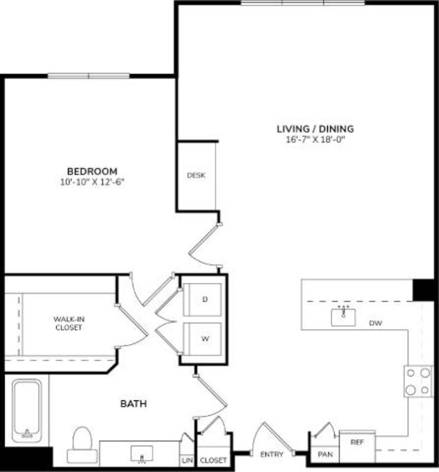 Rendering of the A7 floor plan with 1 bedroom[s] and 1 bathroom[s] at Windsor South Lamar