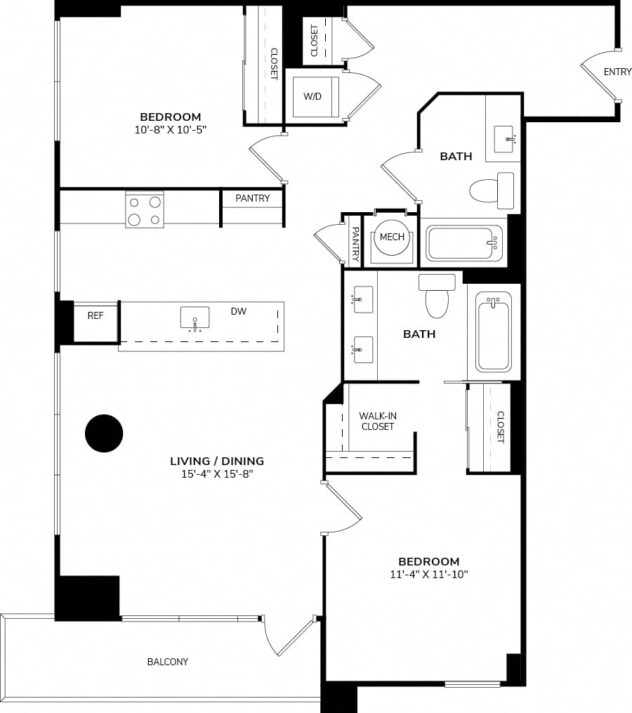 Rendering of the B floor plan with 2 bedroom[s] and 2 bathroom[s] at The Martin