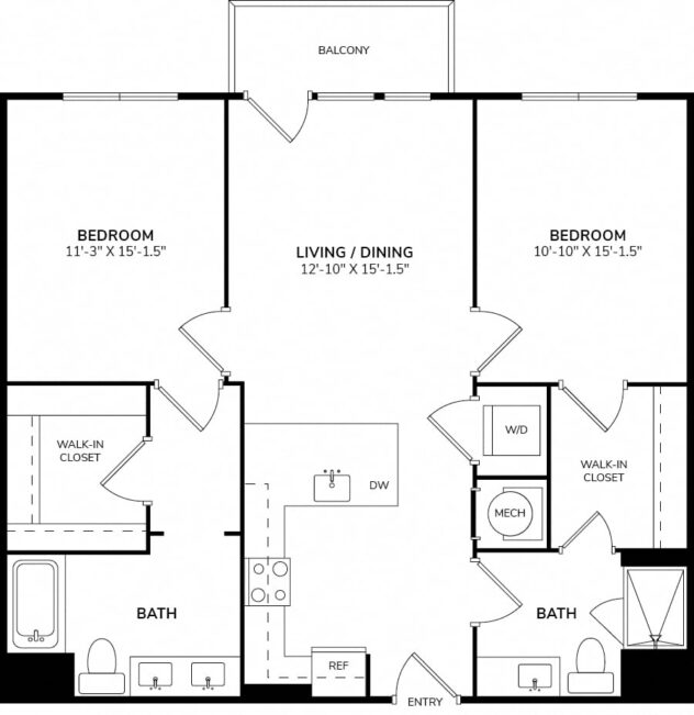 Rendering of the B1.1 floor plan with 2 bedroom[s] and 2 bathroom[s] at The Casey