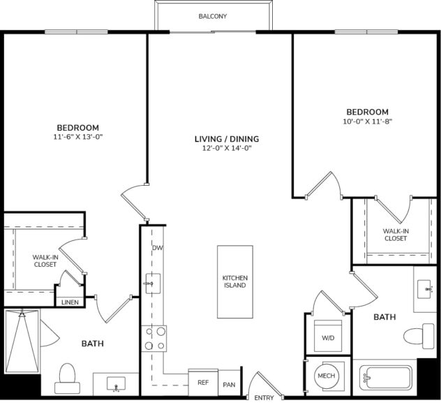 Rendering of the B1 floor plan with 2 bedroom[s] and 2 bathroom[s] at Céntrico by Windsor