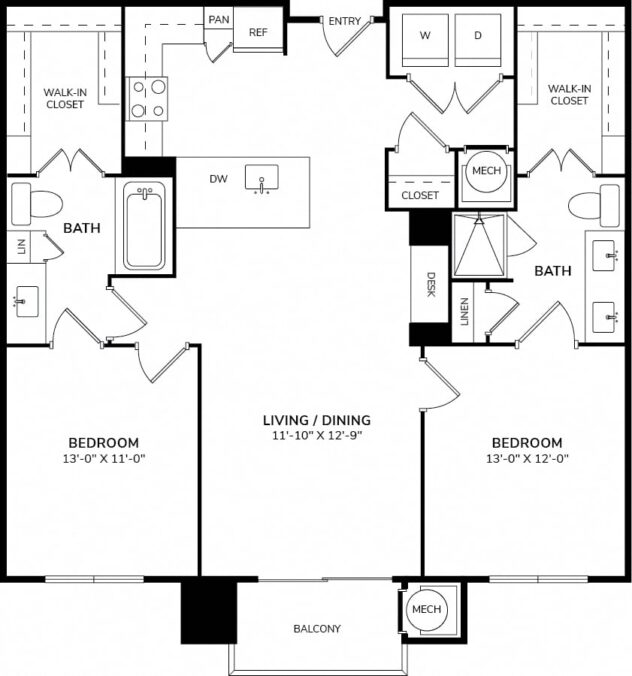 Rendering of the B1 floor plan with 2 bedroom[s] and 2 bathroom[s] at Windsor Oak Hill