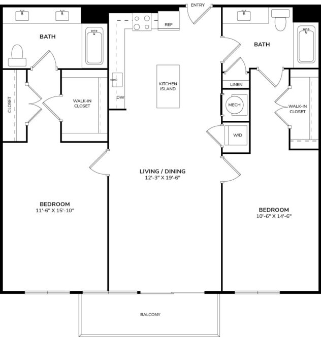 Rendering of the B1 floor plan with 2 bedroom[s] and 2 bathroom[s] at Allure by Windsor