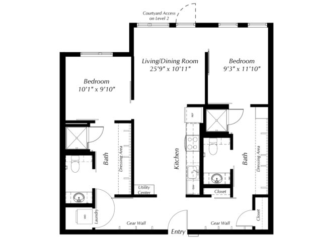 Rendering of the B1V floor plan with 2 bedroom[s] and 2 bathroom[s] at Windsor Ballard