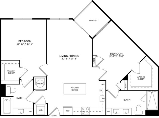 Rendering of the B2 floor plan with 2 bedroom[s] and 2 bathroom[s] at Céntrico by Windsor