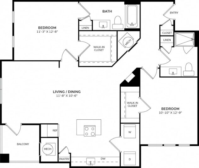 Rendering of the B2 floor plan with 2 bedroom[s] and 2 bathroom[s] at Windsor at Pinehurst