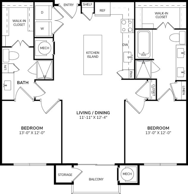 Rendering of the B2 floor plan with 2 bedroom[s] and 2 bathroom[s] at Windsor Oak Hill