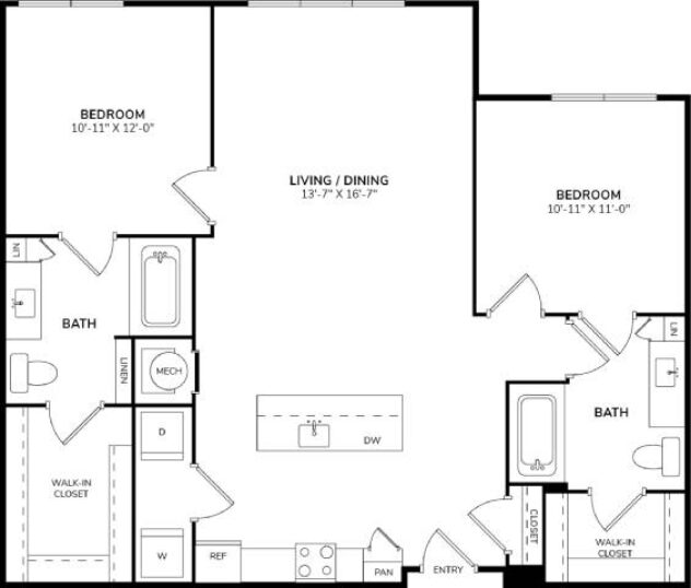 Rendering of the B2 floor plan with 2 bedroom[s] and 2 bathroom[s] at Windsor South Lamar