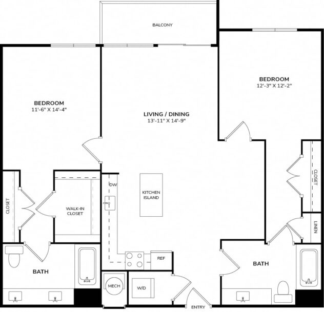 Rendering of the B2 floor plan with 2 bedroom[s] and 2 bathroom[s] at Allure by Windsor