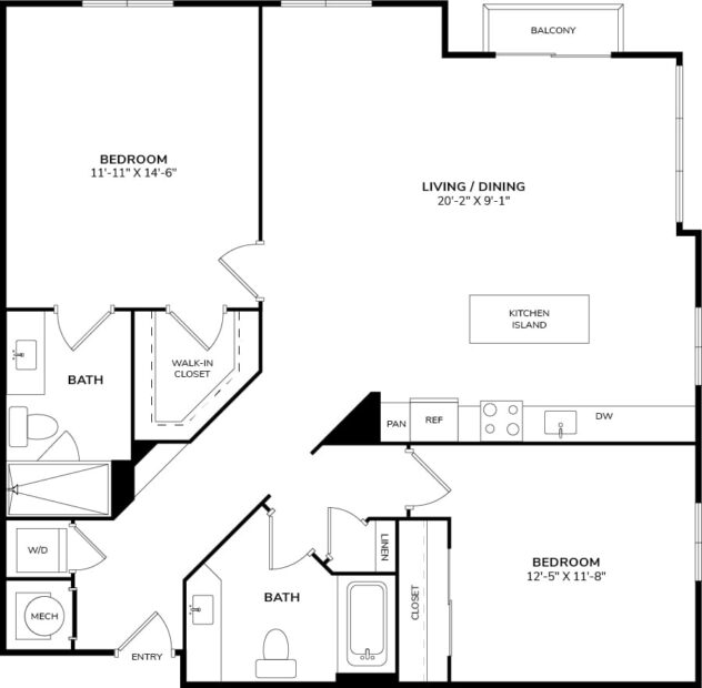 Rendering of the B3 floor plan with 2 bedroom[s] and 2 bathroom[s] at Céntrico by Windsor