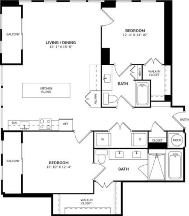 Rendering of the B3 floor plan with 2 bedroom[s] and 2 bathroom[s] at The Jordan by Windsor