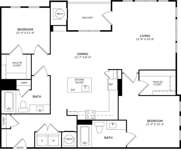 Rendering of the B3 floor plan with 2 bedroom[s] and 2 bathroom[s] at Windsor at Pinehurst